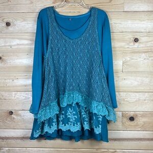 Pretty Angel Blue Long Sleeve Blouse Top Crochet Overlay Tank Womens Large